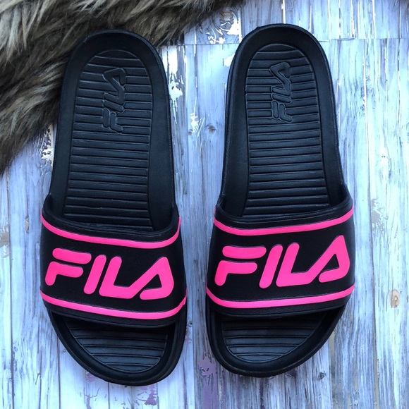 pink and black fila slides
